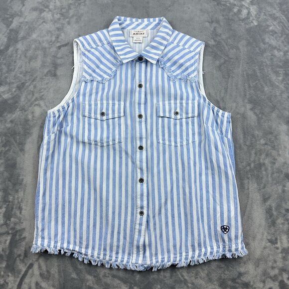 Ariat Top Womens Size M Blue Striped Sleeveless Button Up Cowgirl Western Frayed - Picture 1 of 11